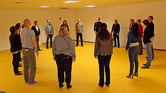 A drama exercise conducted by a teacher from the French partner school,
 during the teacher workshop in Germany.